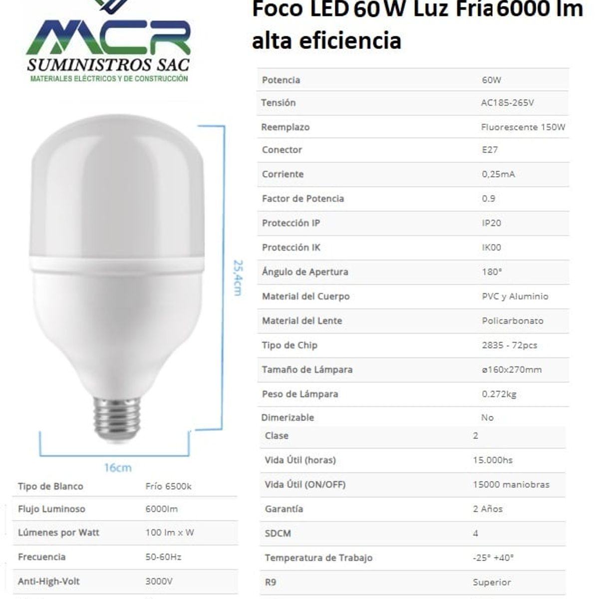 GENERICO - Foco LED 60W Luz Fría 6000lm alta eficiencia