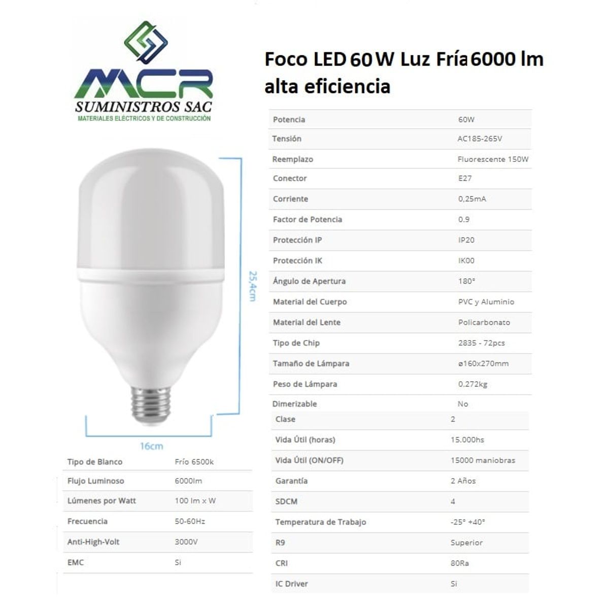 GENERICO - Foco LED 60W Luz Fría 6000lm alta eficiencia
