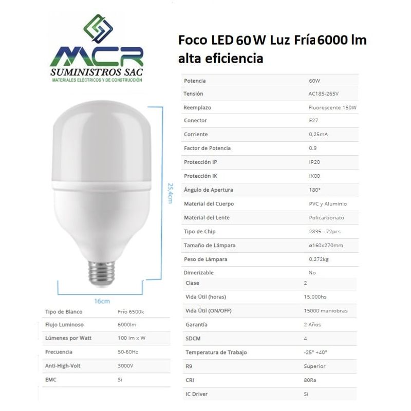 GENERICO - Foco LED 60W Luz Fría 6000lm alta eficiencia