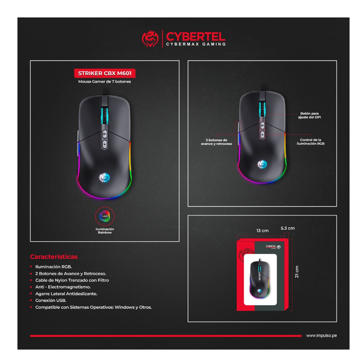CYBERTEL - MOUSE GAMER STRIKER CBX M601 USB RGB 7B CYBERTEL