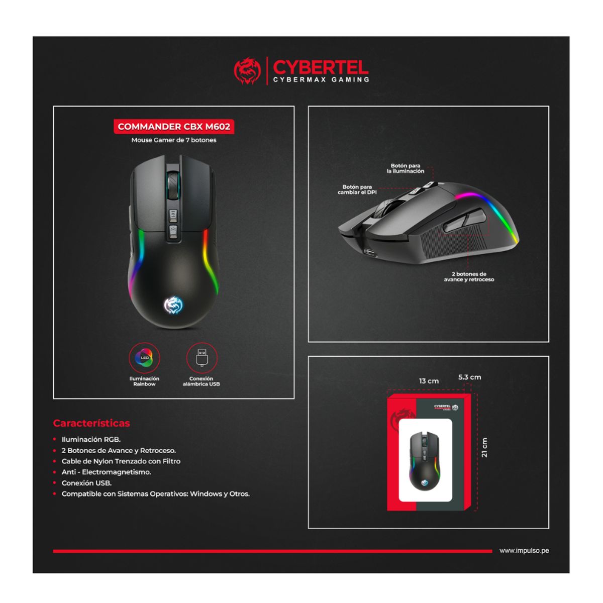 CYBERTEL - MOUSE GAMER COMMANDER CBX M602 USB RGB 7B 7200DPI CYBERTEL