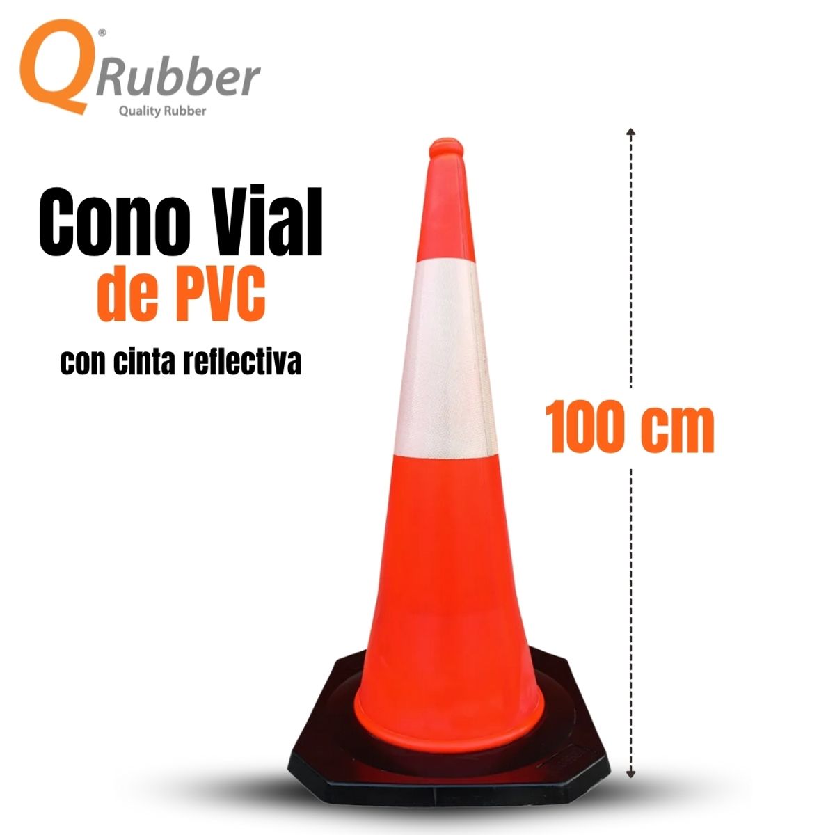 QRUBBER - Cono de tránsito 100cm naranja con base de caucho QRubber