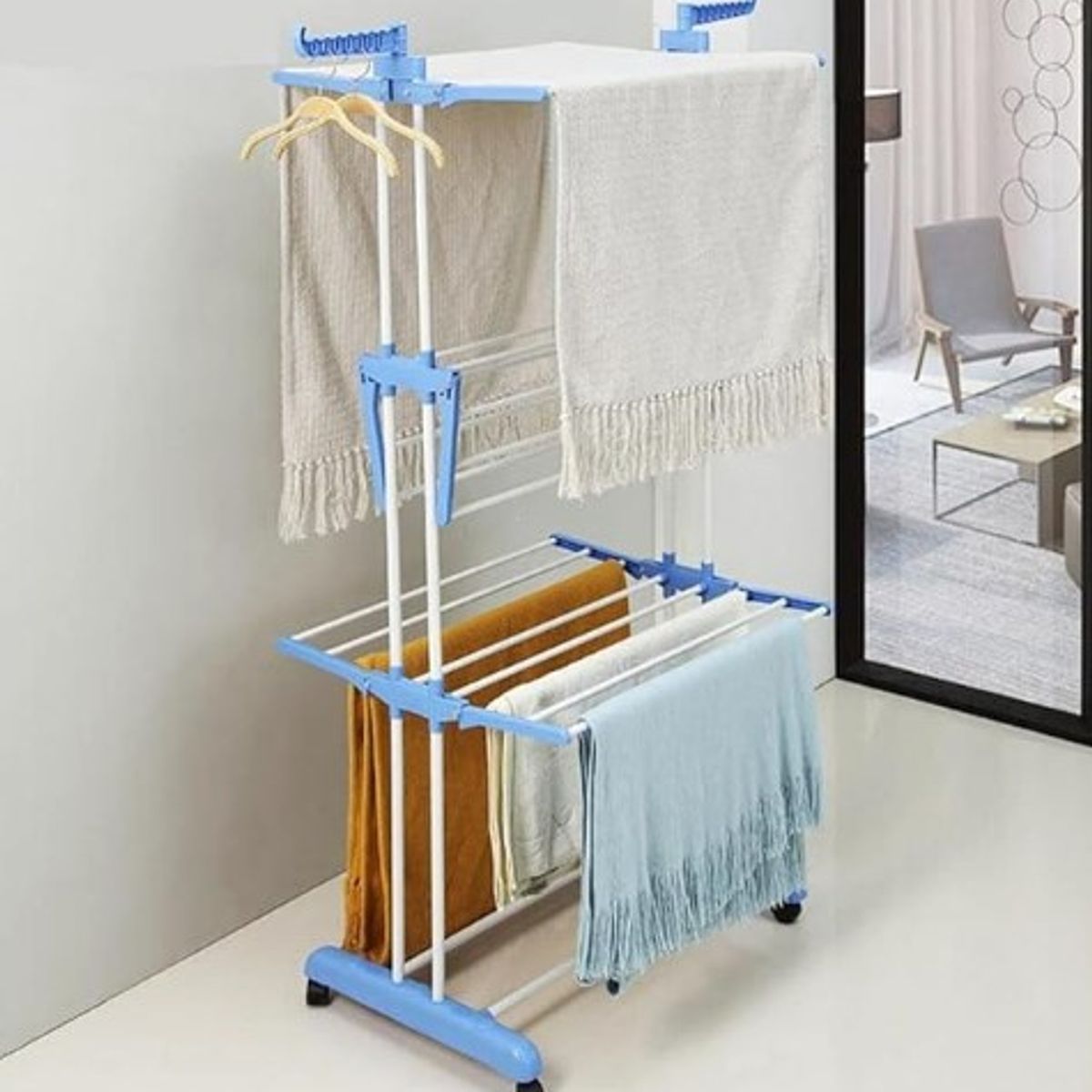 GENERICO - Tendal de Ropa Móvil de 3 Niveles Celeste