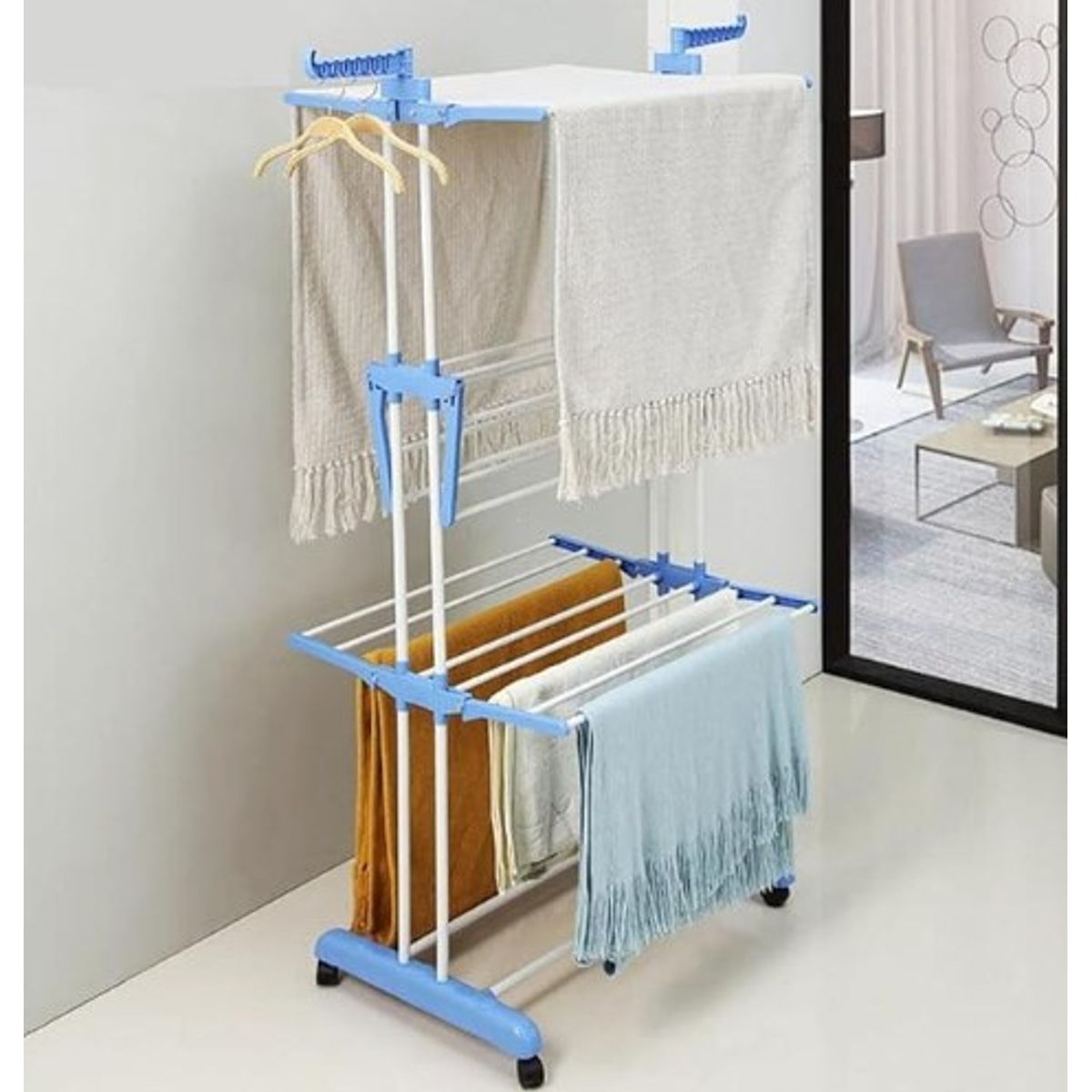 GENERICO - Tendal de Ropa Móvil de 3 Niveles Celeste