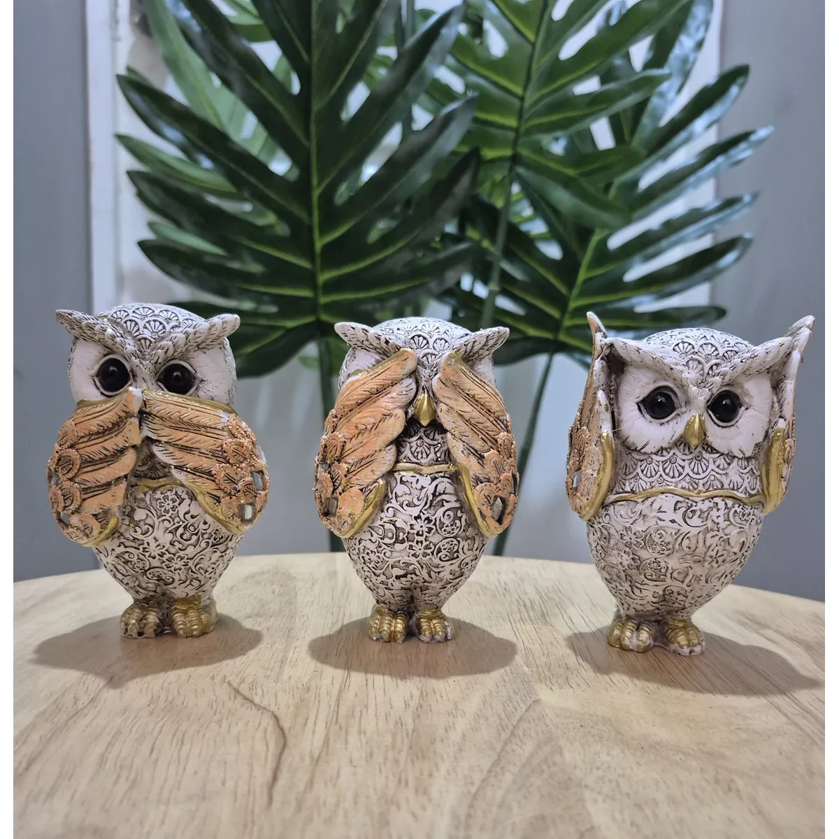 GENERICO - Trío de Búhos Sabios Naranja 11x8x3 cm
