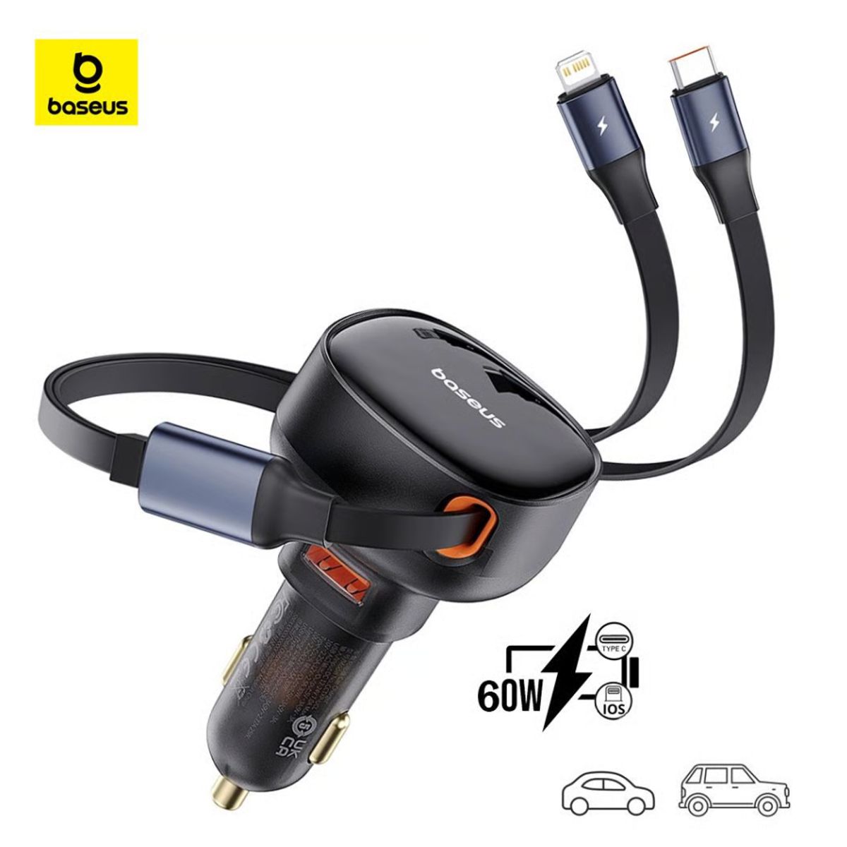 BASEUS - Cargador De Carro Auto Baseus 60w Cable Usb-c y iphone