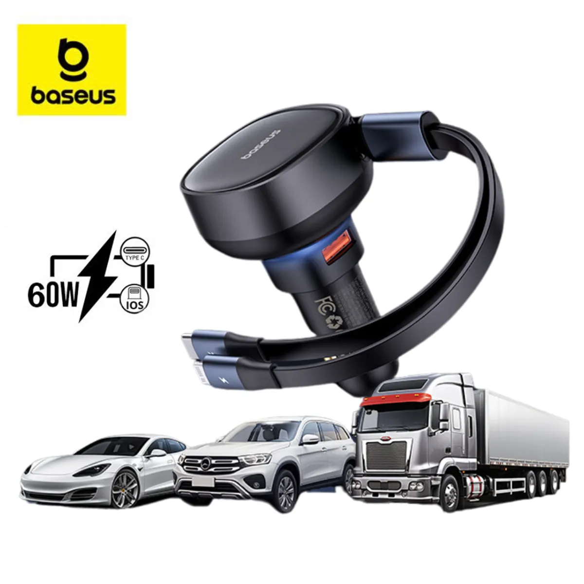 BASEUS - Cargador De Carro Auto Baseus 60w Cable Usb-c y iphone