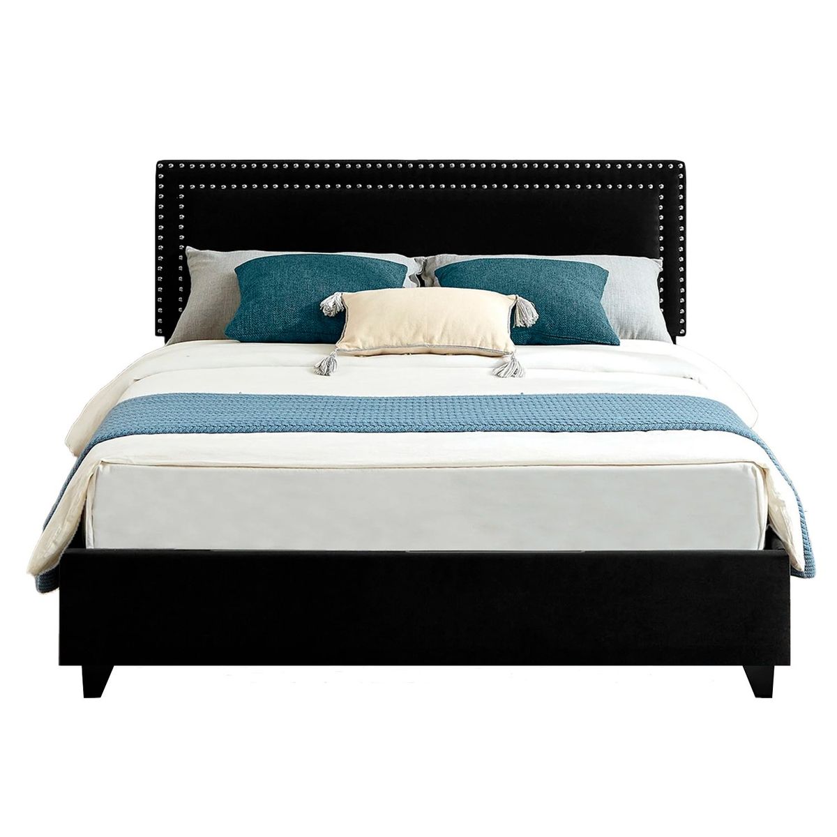 GENERICO - Cama Tapizada Lisa con Tachuelas Negro 2 Plazas