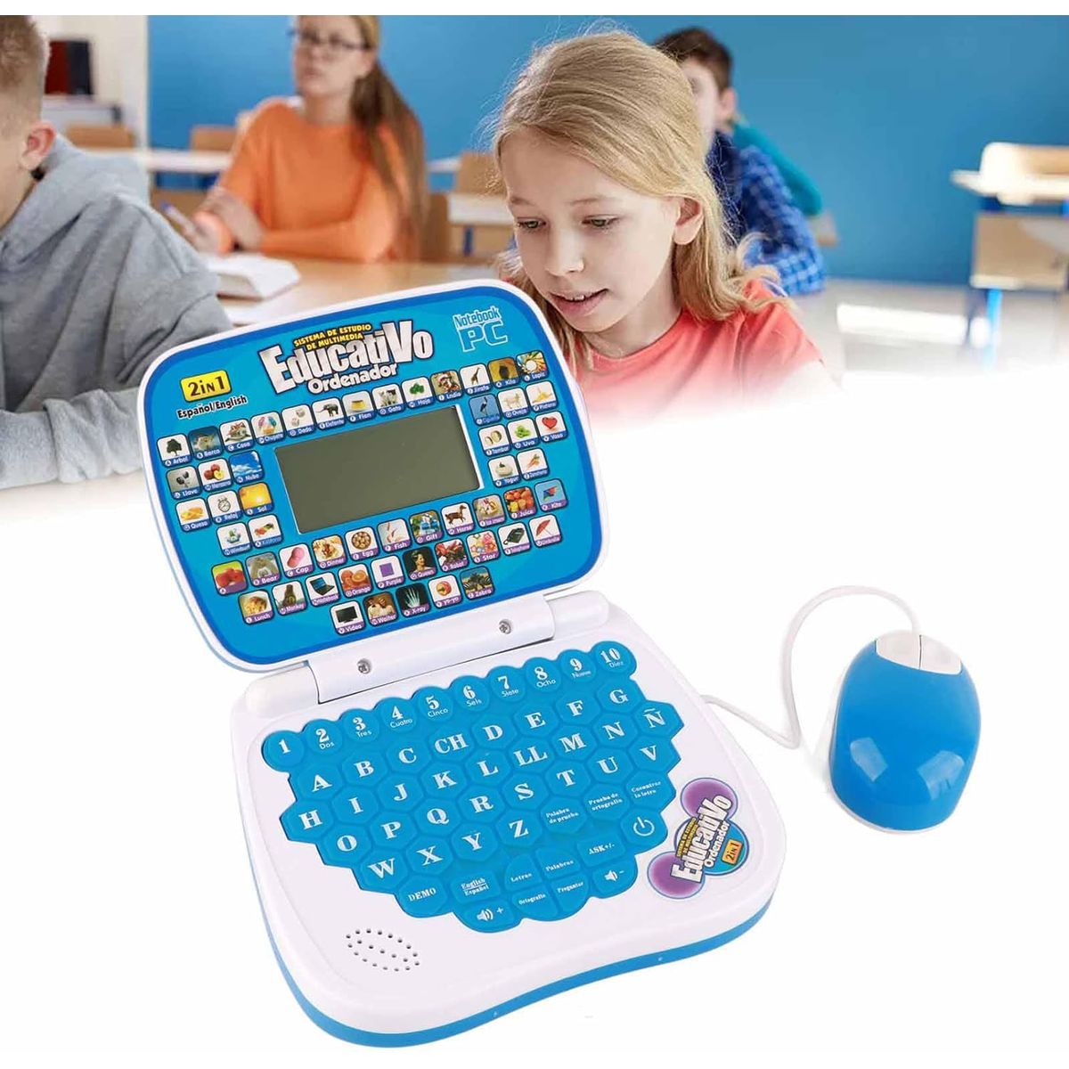 GENERICO - Mini Laptop Didáctico con Mouse Ingles - Español  Azul