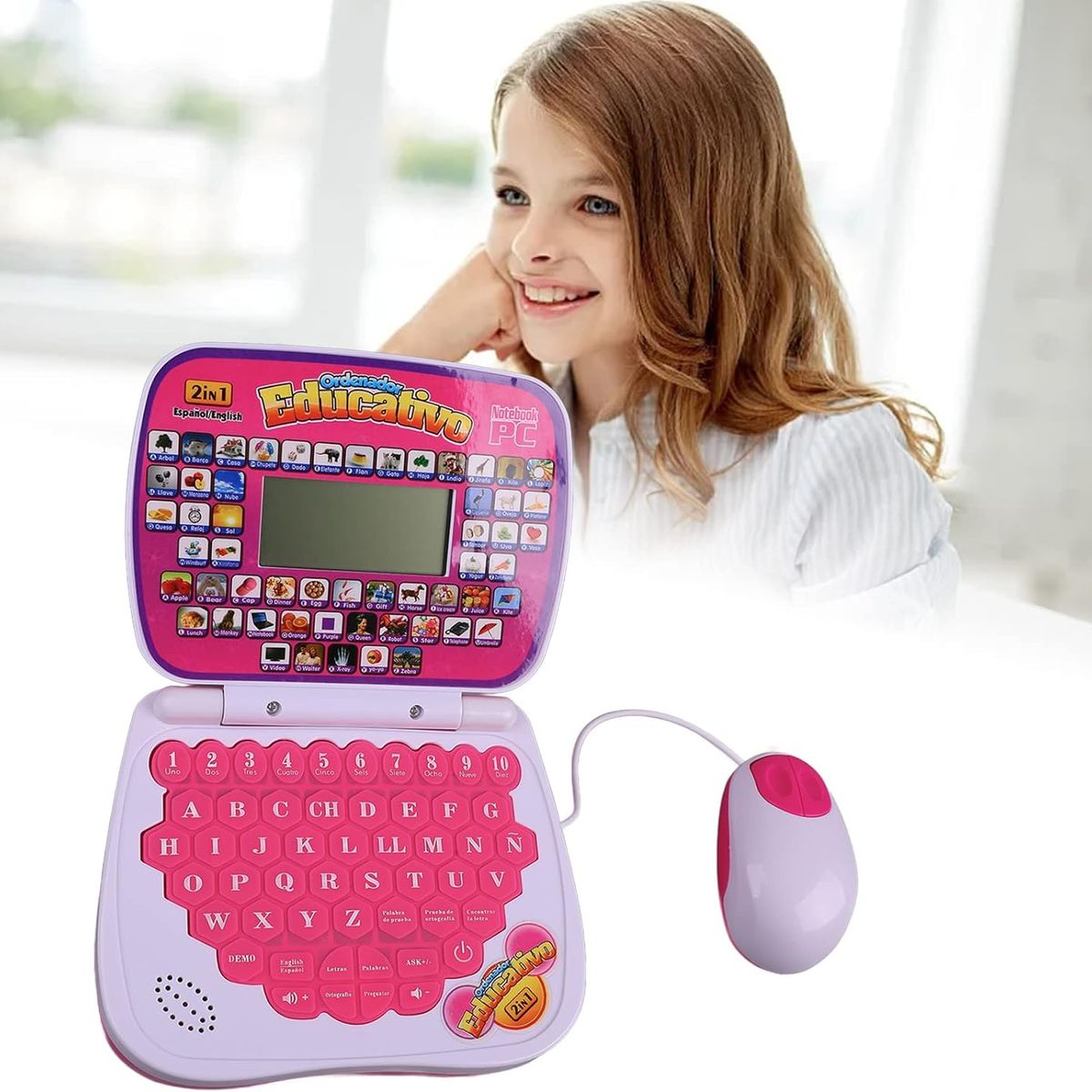 GENERICO - Mini Laptop Didáctico con Mouse Ingles - Español  Rosado