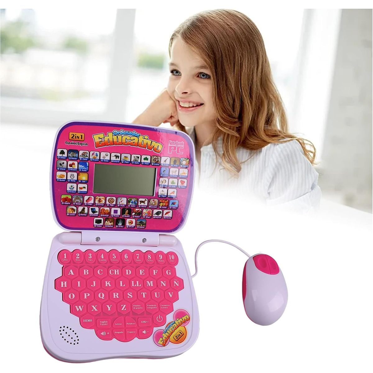 GENERICO - Mini Laptop Didáctico con Mouse Ingles - Español  Rosado