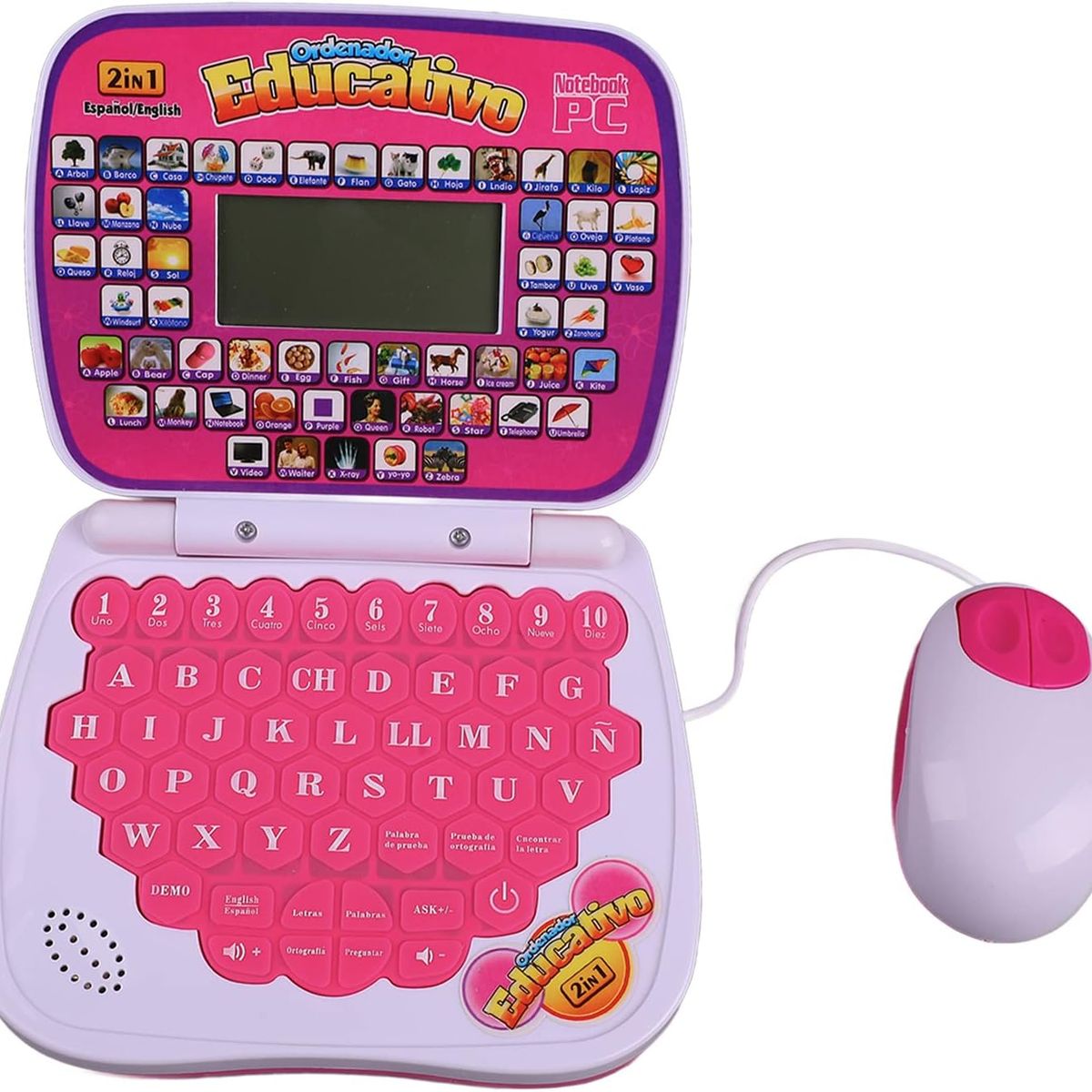 GENERICO - Mini Laptop Didáctico con Mouse Ingles - Español  Rosado