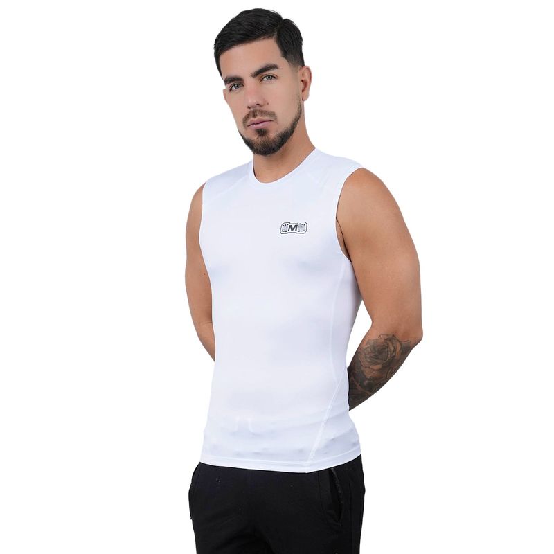 M MUSCLE MUSEUM - Polo Deportivo de Compresión Manga Cero Color Blanco para Hombres