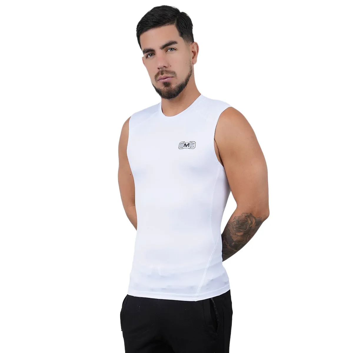 M MUSCLE MUSEUM - Polo Deportivo de Compresión Manga Cero Color Blanco para Hombres