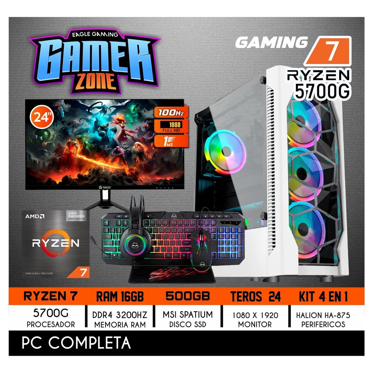 AMD - Computadora Completa Ryzen 7 5700G RAM 16GB DISCO 500GB SSD MONITOR 24" 100HZ