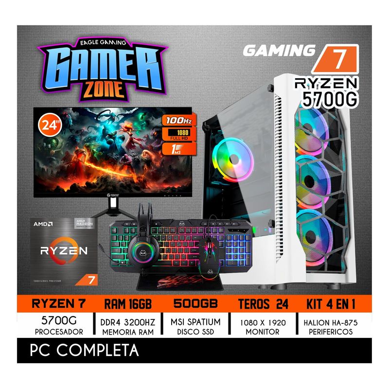 AMD - Computadora Completa Ryzen 7 5700G RAM 16GB DISCO 500GB SSD MONITOR 24" 100HZ