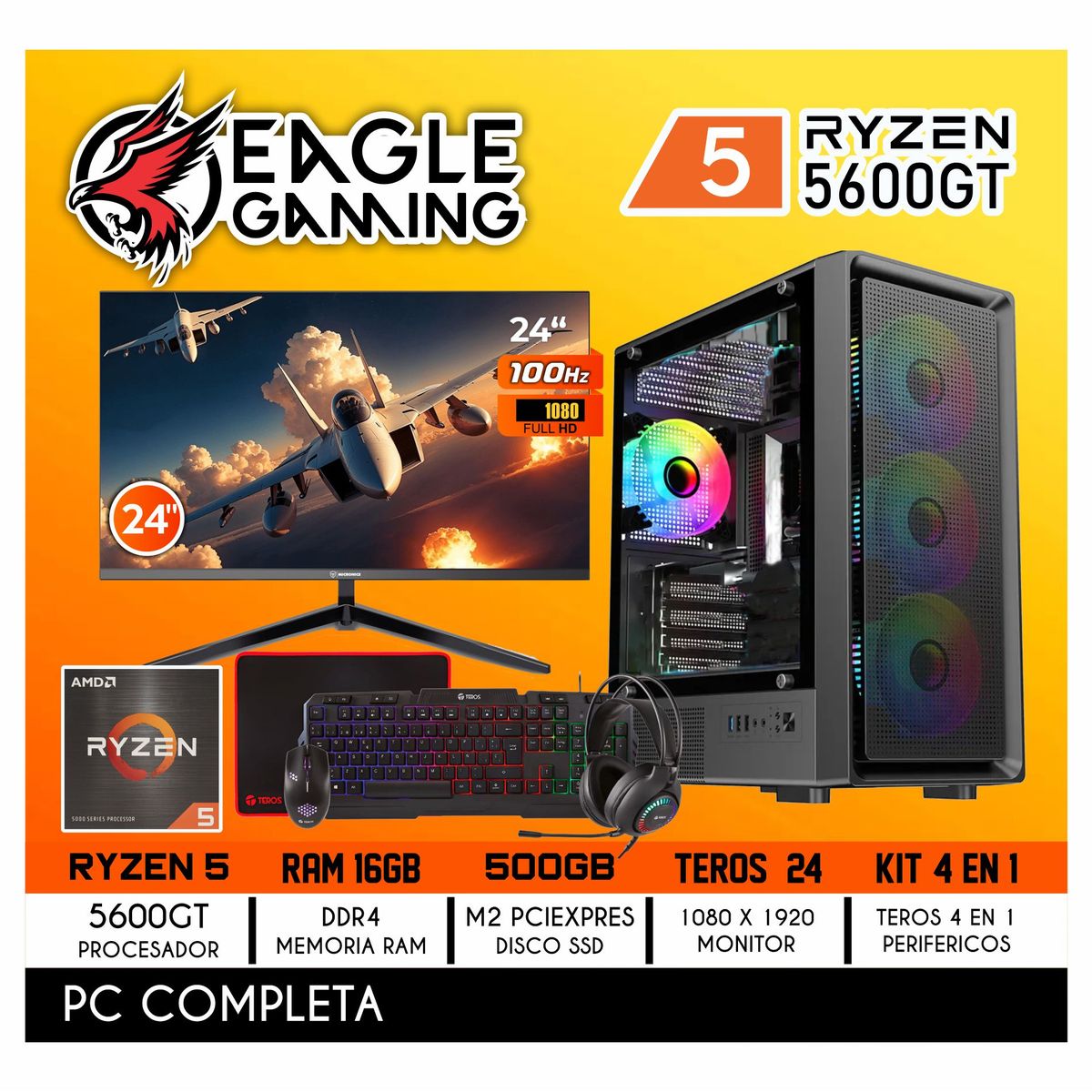 AMD - Computadora Completa Ryzen 5 5600GT RAM 16GB DISCO 500GB SSD MONITOR 24" 100HZ