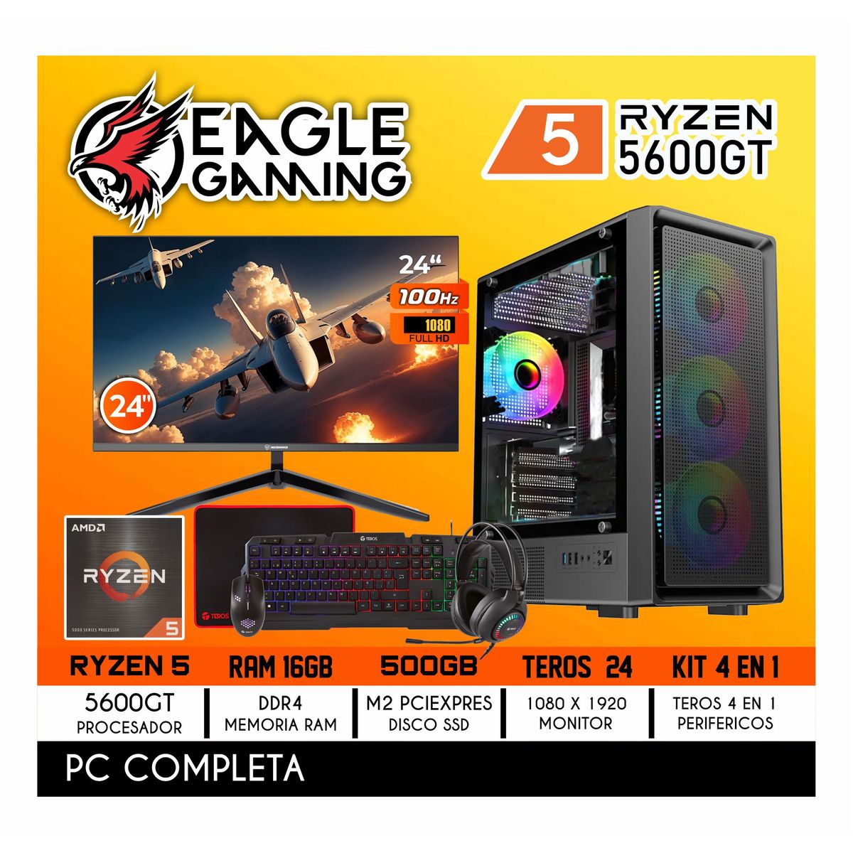 AMD - Computadora Completa Ryzen 5 5600GT RAM 16GB DISCO 500GB SSD MONITOR 24" 100HZ