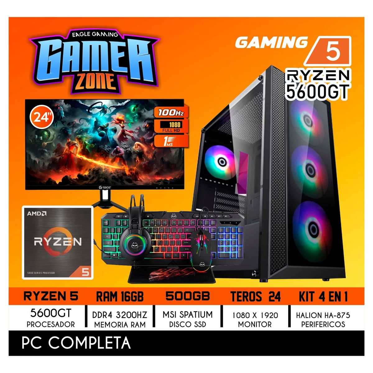 AMD - Computadora Completa Ryzen 5 5600GT RAM 16GB DISCO 500GB SSD MONITOR 24" 100HZ