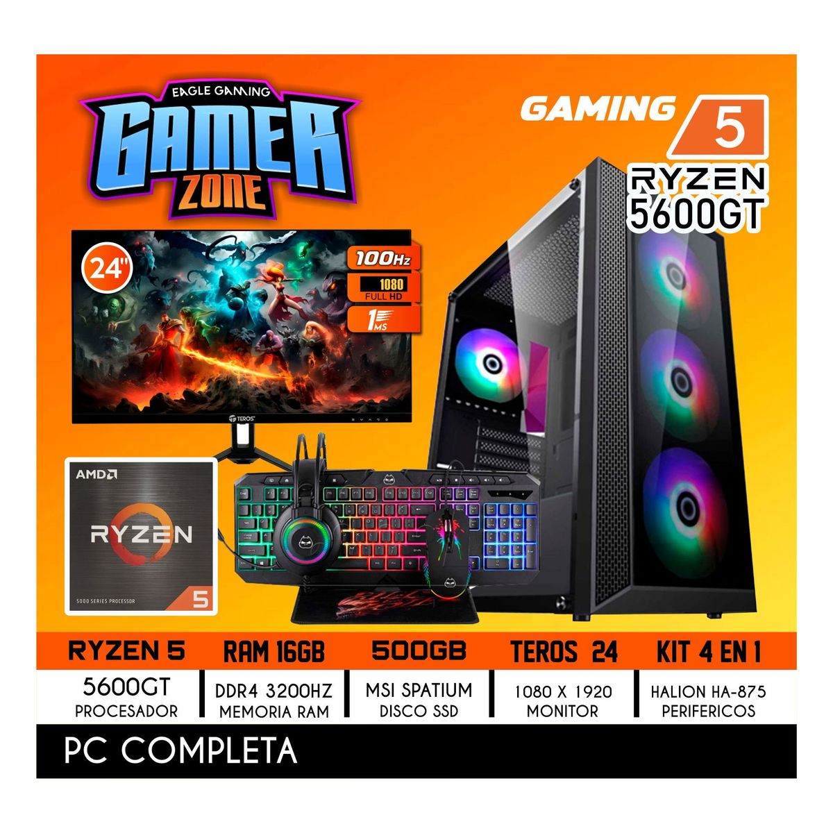 AMD - Computadora Completa Ryzen 5 5600GT RAM 16GB DISCO 500GB SSD MONITOR 24" 100HZ