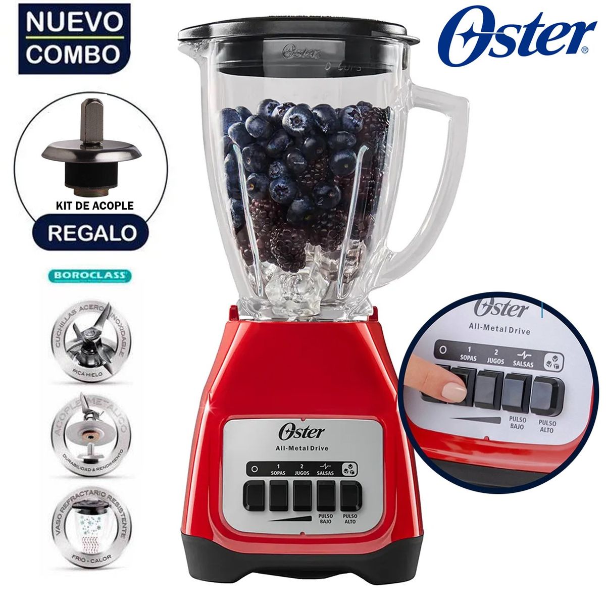OSTER - Licuadora Oster BLSTKAG-RPB 2V +Pulso 1,25 lt Rojo +Kit de Acople
