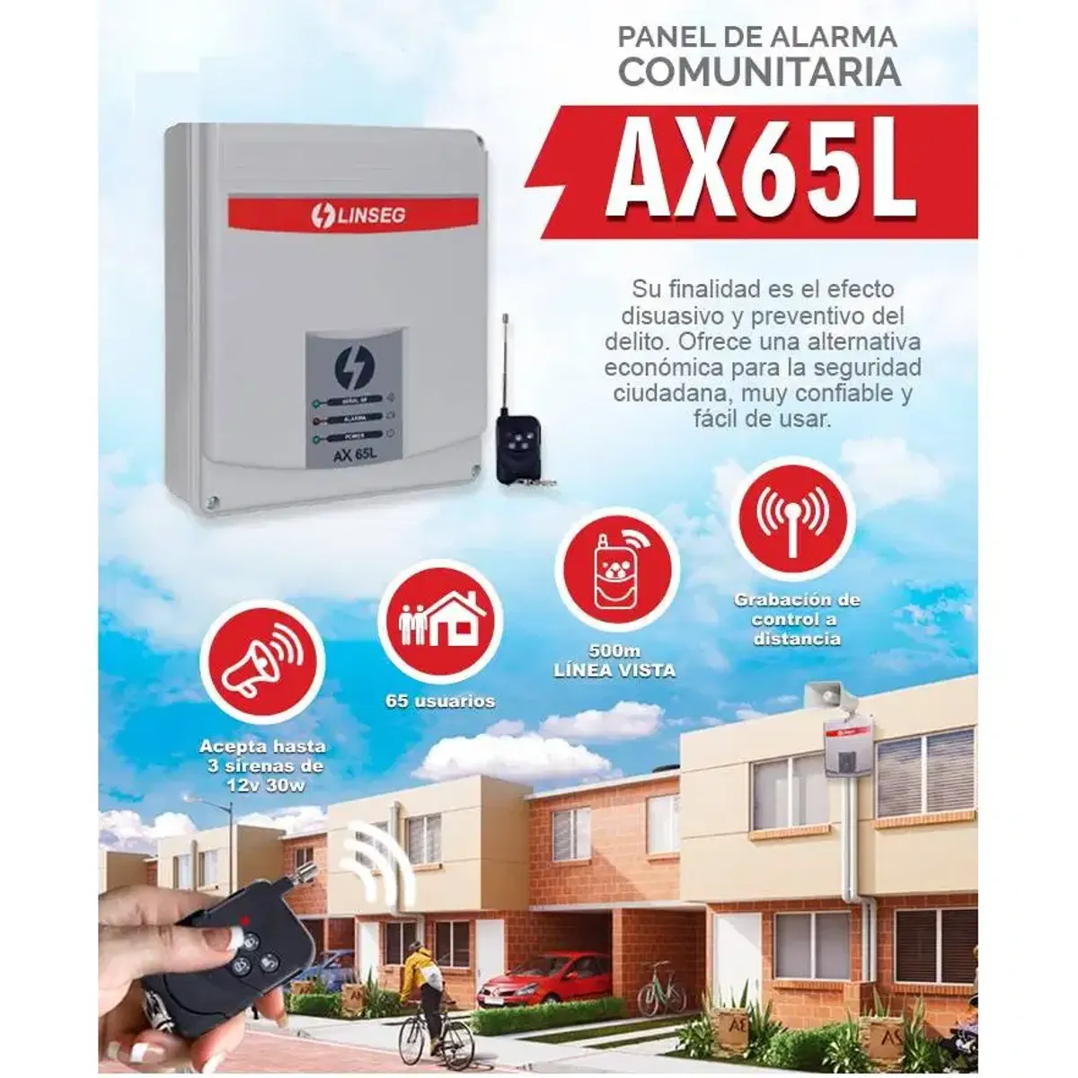 GENERICO - KIT Alarma Sirena Vecinal Comunitaria Linseg Panel AX-65L