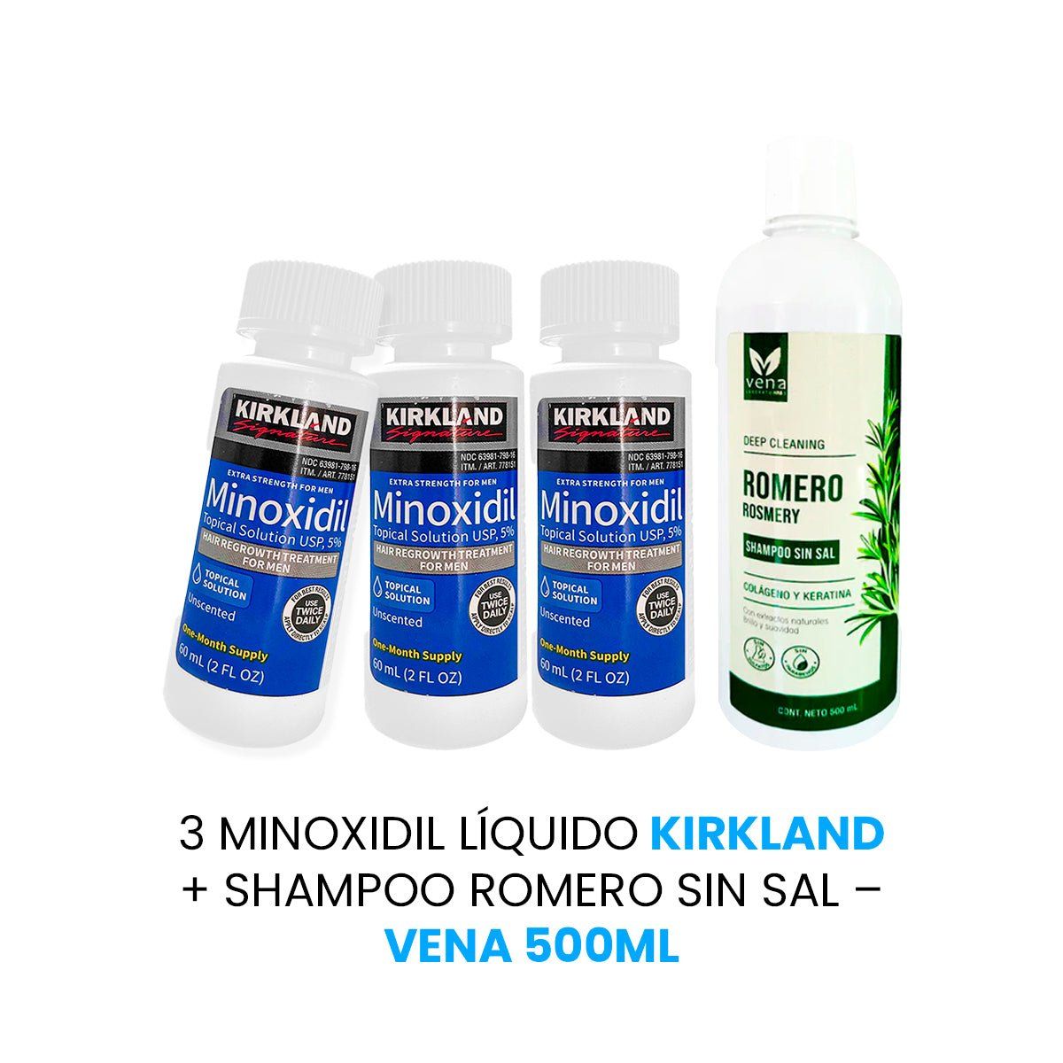 KIRKLAND - Minoxidil Líquido 3 Unidades + Shampoo Romero Vena 500 ml