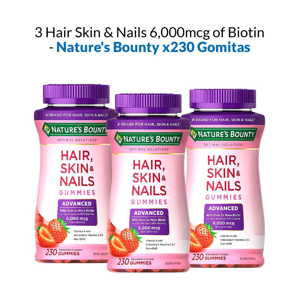 NATURES BOUNTY - Hair Skin & Nails 6000mcg of Biotin 230 Gomitas 3 Unidades