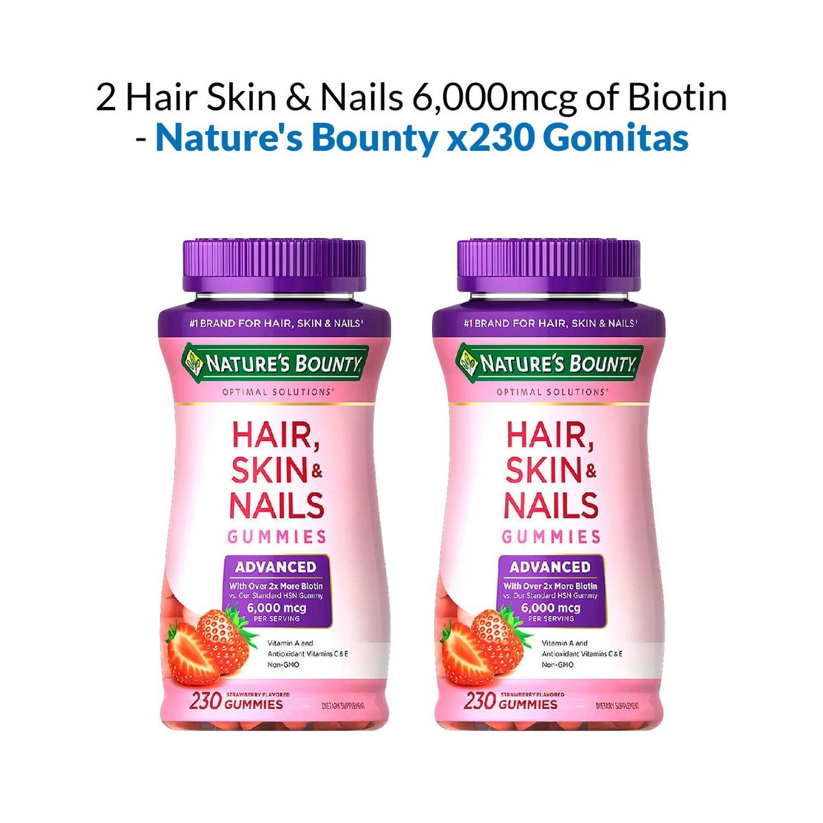 NATURES BOUNTY - Hair Skin & Nails 6000mcg of Biotin 230 Gomitas 2 Unidades