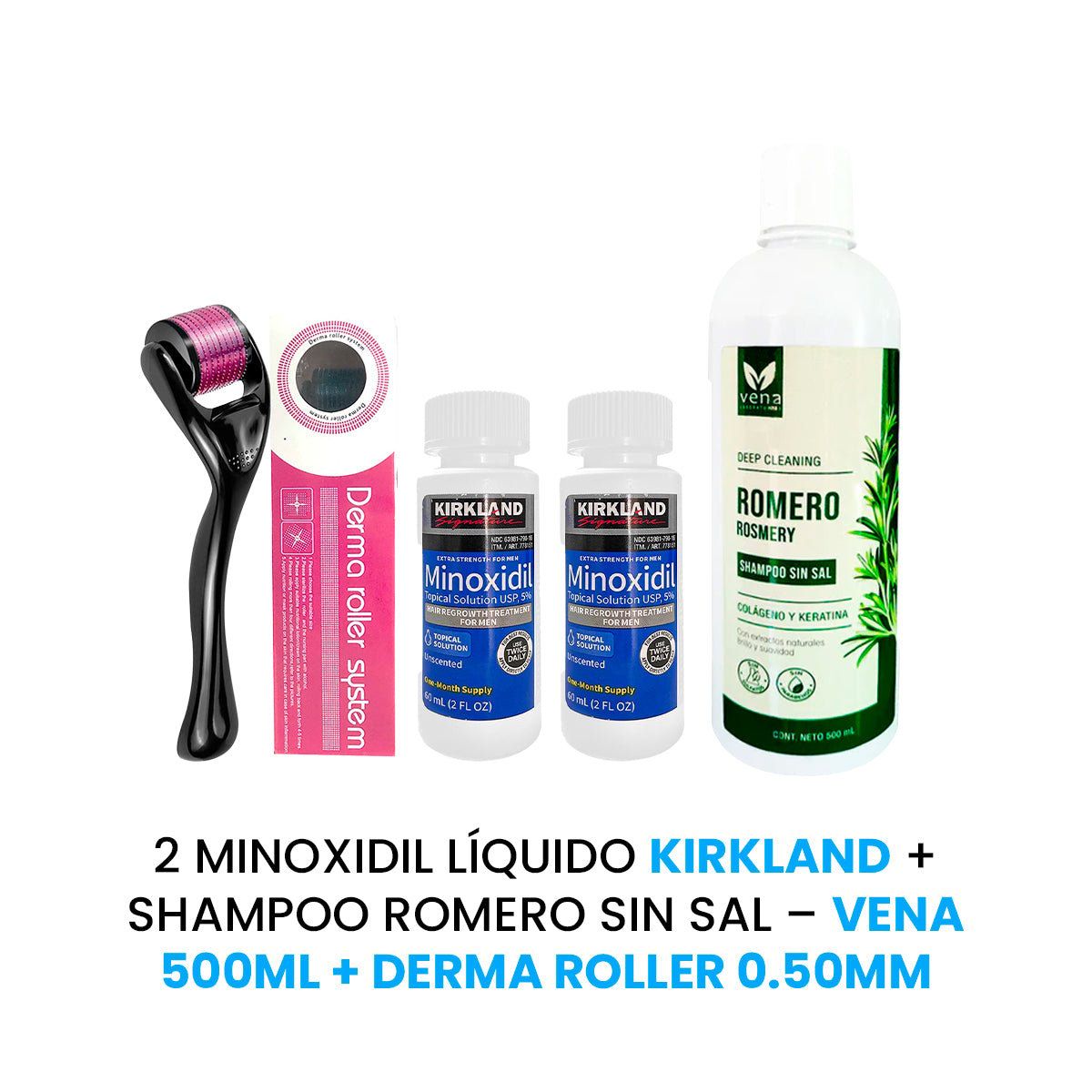 KIRKLAND - Minoxidil Líquido 2 Uni + Derma Roller 050mm + Shampoo Romero 500ml