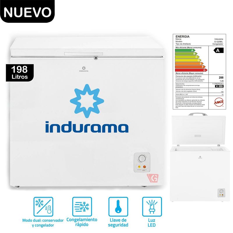 INDURAMA - CONGELADORA HORIZONTAL DEFROST DE 198 LITROS INDURAMA CI-220BL BLANCO