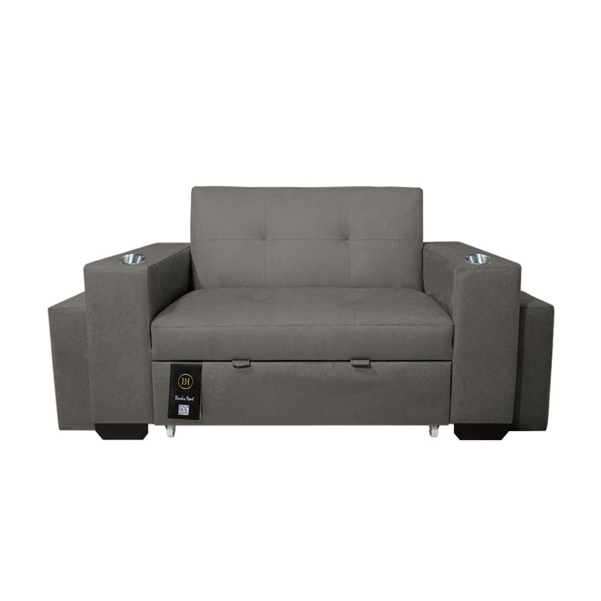 BARAKA HOME - Sofá Cama Madison 1.5 Plz con Portavaso + Puff - Gris Oscuro