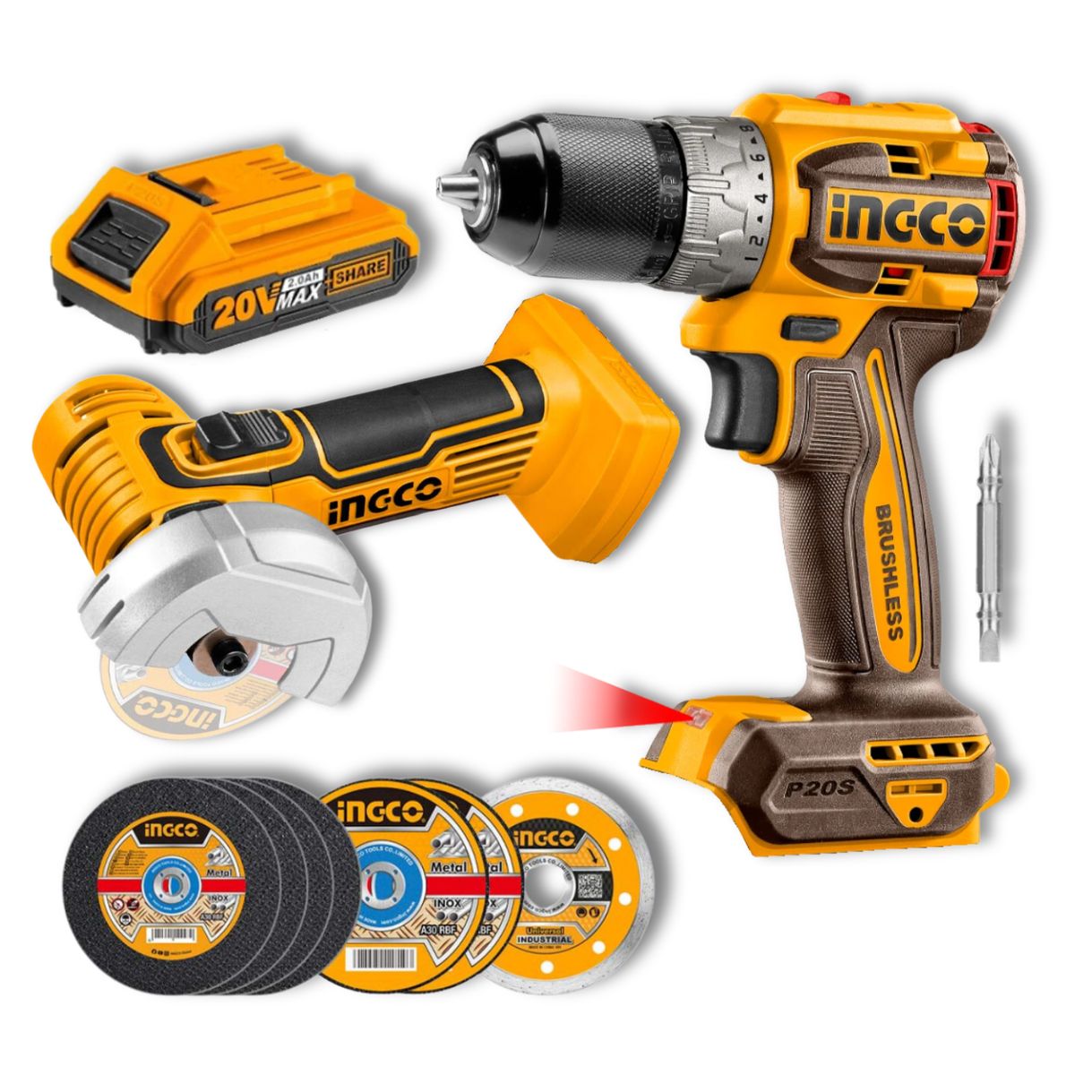 INGCO TOOLS - Combo taladro atornillador 60nm + amoladora 3 20v Ingco