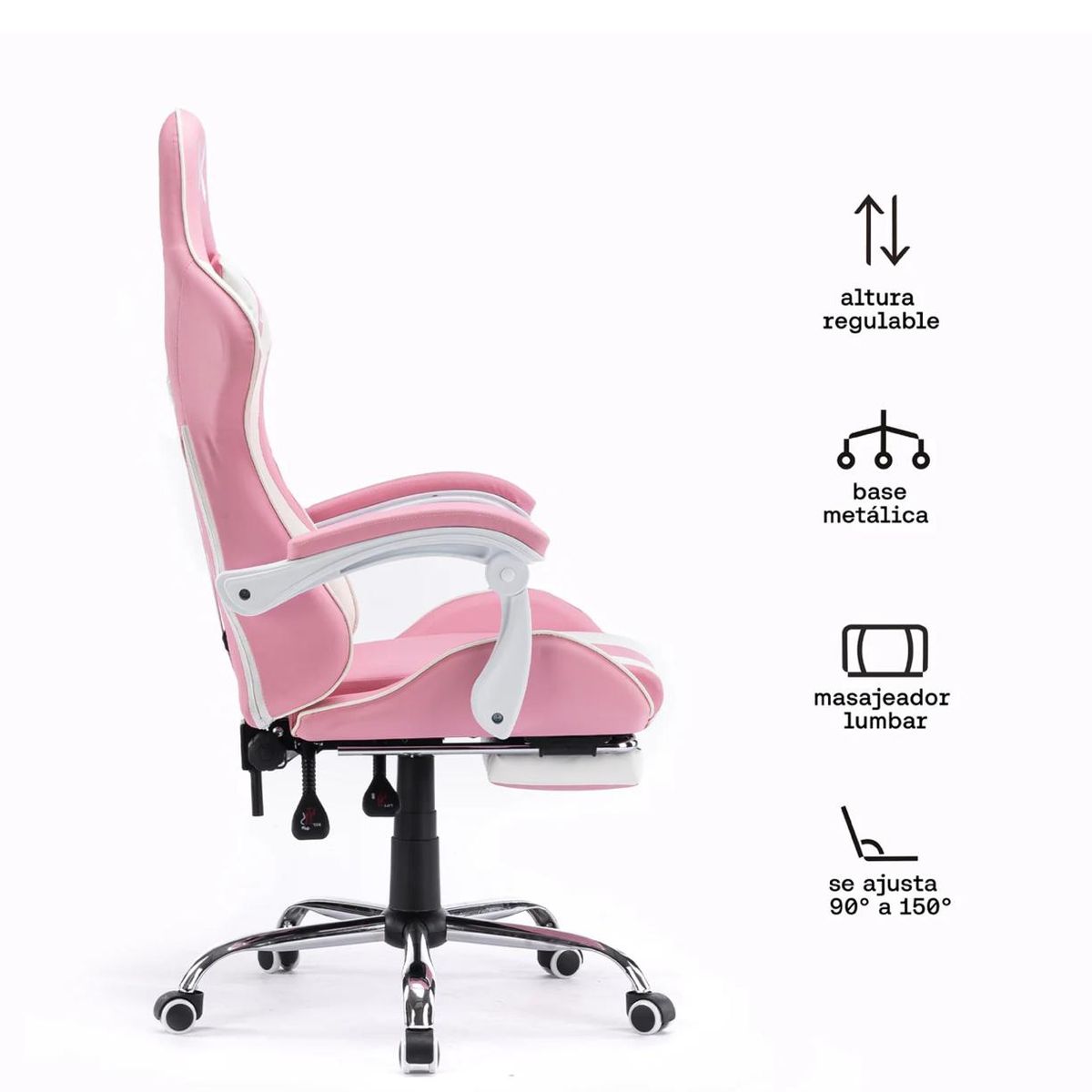 KUZLER - Silla Gamer Rosada con Masajeador Lumbar Reposapiés y base Metálica