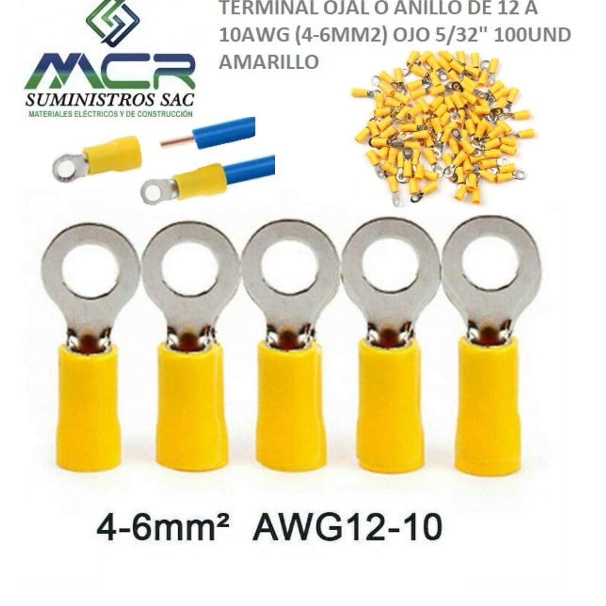 GENERICO - TERMINAL OJAL AMARILLO O ANILLO AISLAD 12 A 10AWG 4-6MM2 5/32" 100UND