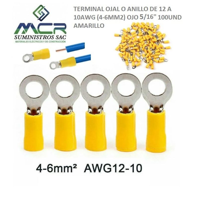 GENERICO - TERMINAL OJAL AMARILLO AISLADO DE 12 A 10AWG (4-6MM2) OJO 5/16" 100UND