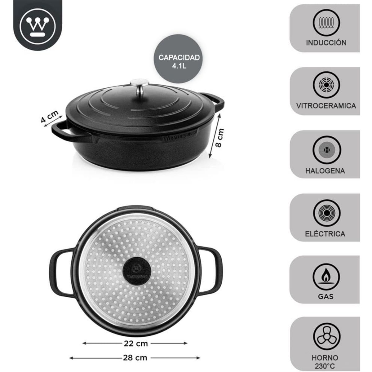 WESTINGHOUSE - Cacerola baja antiadherente con tapa WH Performance 4L