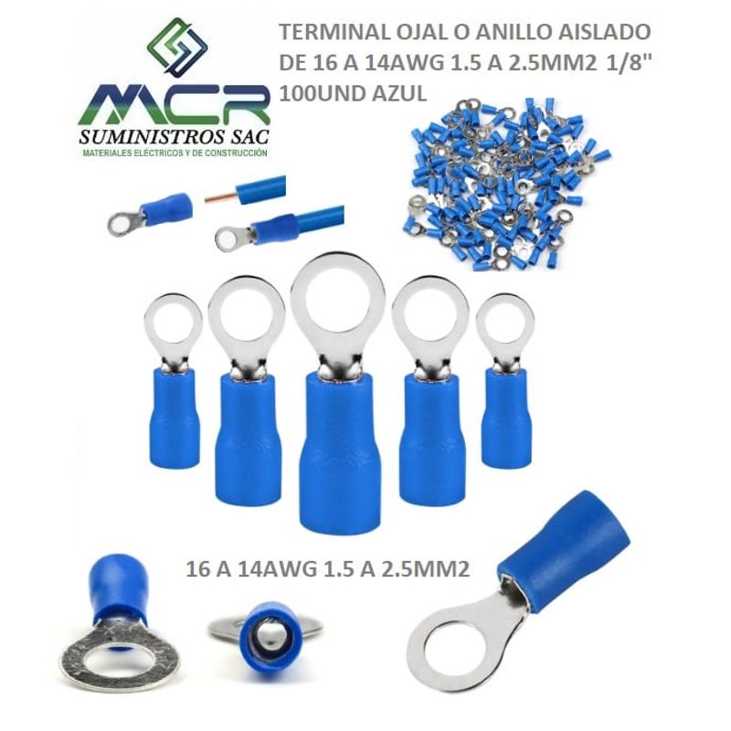 GENERICO - TERMINAL OJAL AZUL O ANILLO AISLADO DE 16 A 14AWG  AZUL OJO 1/8" 100UND