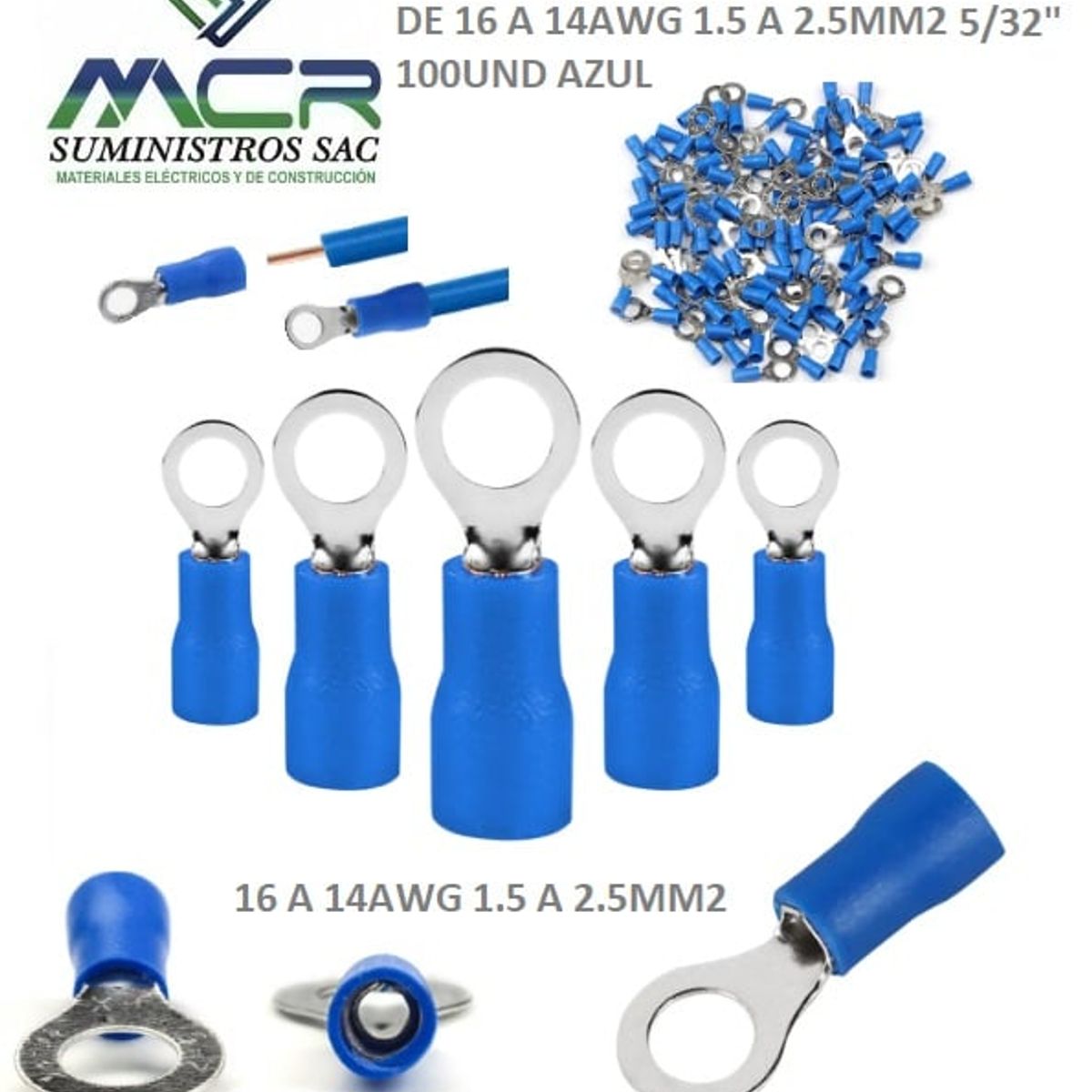 GENERICO - TERMINAL OJAL AZUL AISLADO 16 A 14AWG 1.5-2.5MM2 OJO 5/32" 100UND