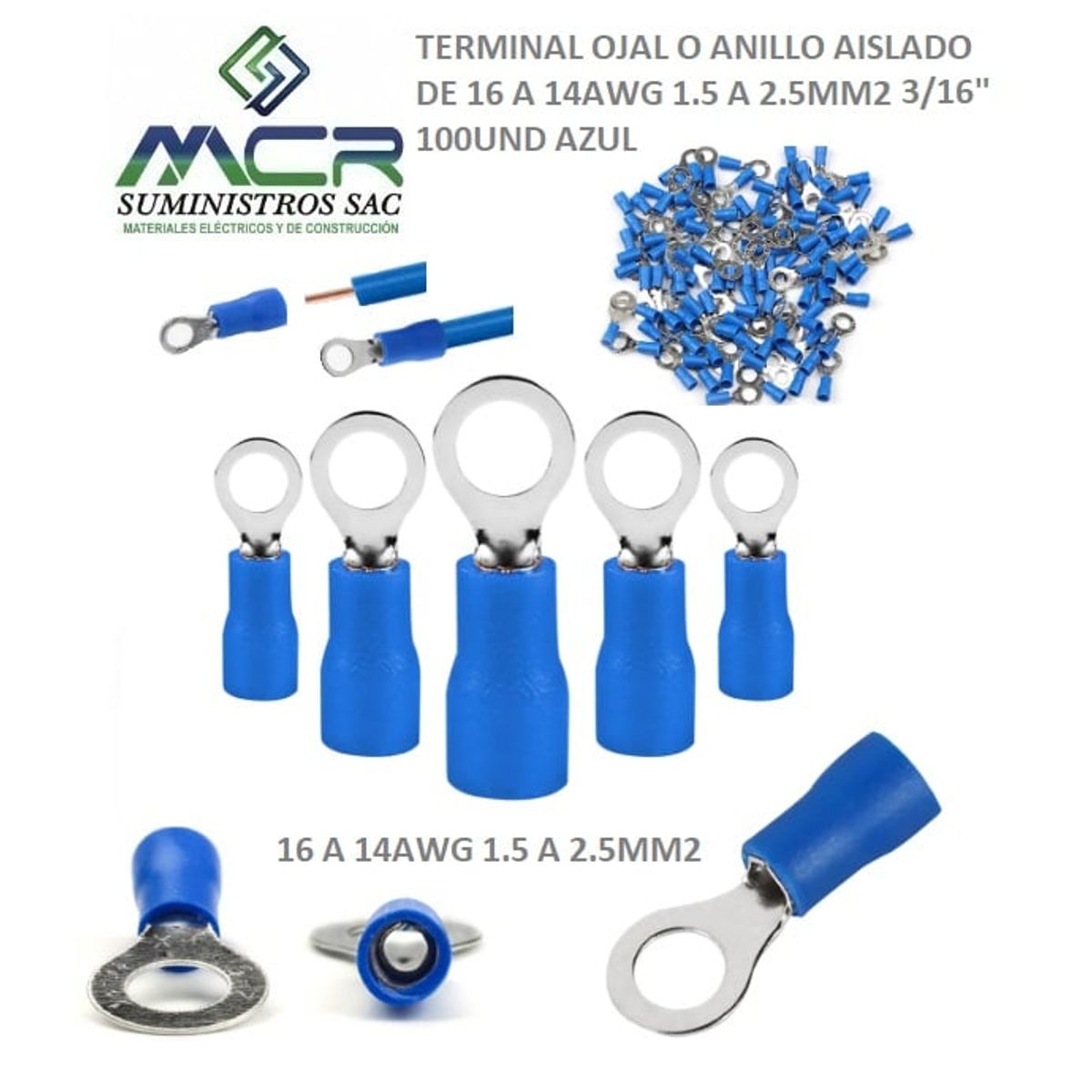 GENERICO - TERMINAL OJAL AZUL AISLADO 16 A 14AWG 1.5-2.5MM2 OJO 3/16" 100UND