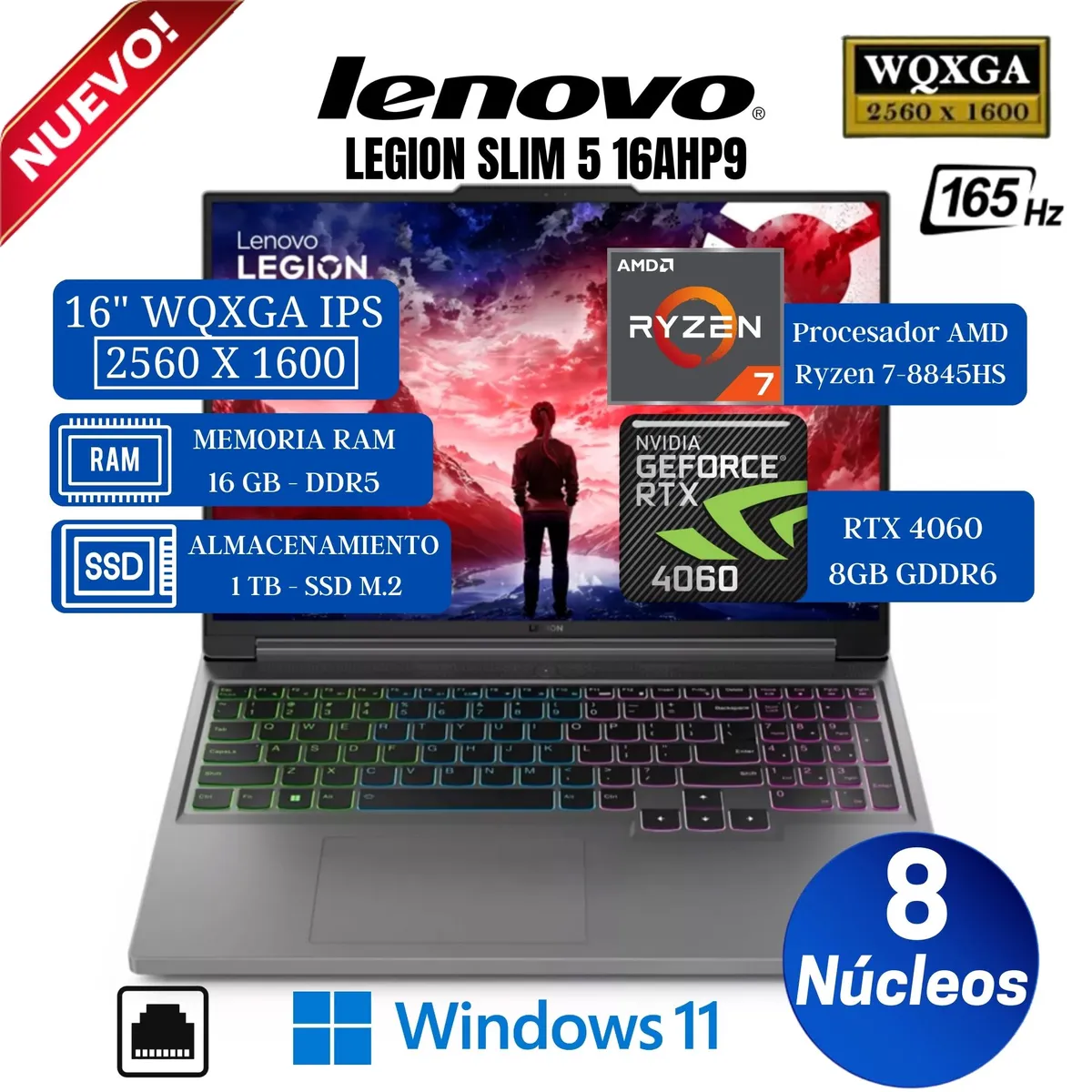 LENOVO - Laptop Legion slim 5 16AHP9, 16” WQXGA IPS, RYZEN 7-8845HS, Ram 16GB, Ssd 512GB,Rtx 4060 8GB, Win 11