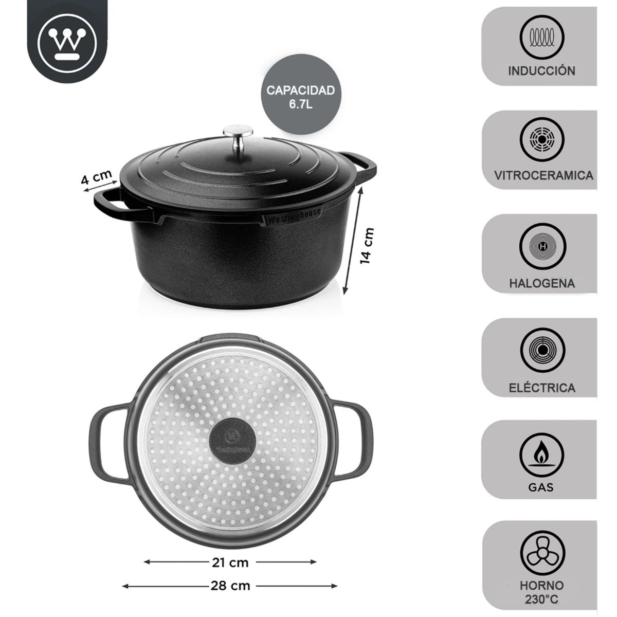 WESTINGHOUSE - Olla antiadherente titanio con tapa WH Performance 6.7 L