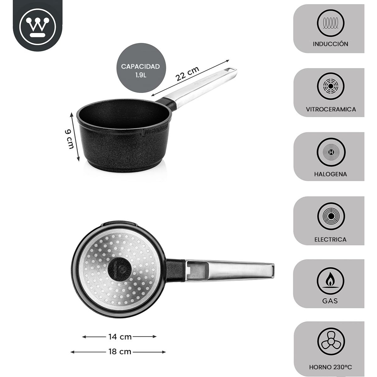 WESTINGHOUSE - Cacerola antiadherente titanio WH Performance 1.9 litros