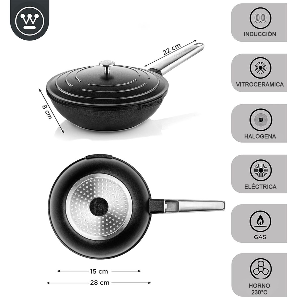 WESTINGHOUSE - Wok antiadherente titanio con tapa WH Performance 6L