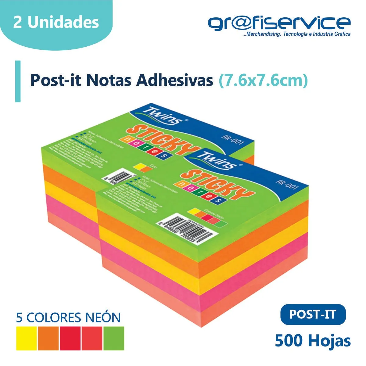 GENERICO - Pack x 2 Post It Notas Adhesivas 7.6cm x 7.6cm 500 hojas