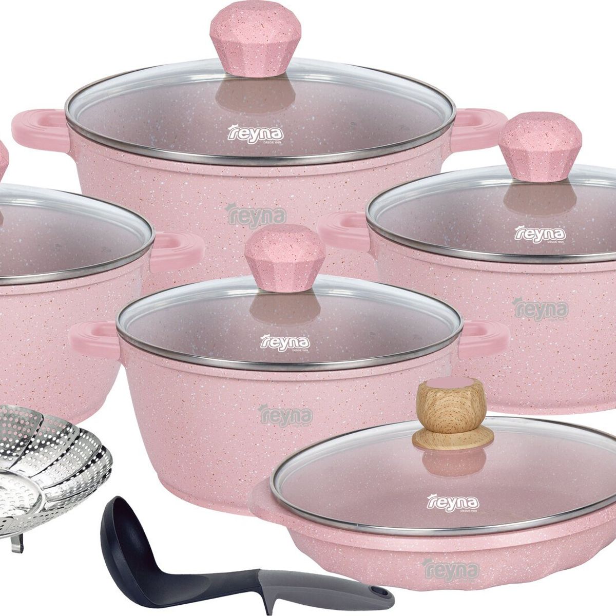 Reyna - Juego de ollas antiadherentes Smart 12 piezas (color rosado)