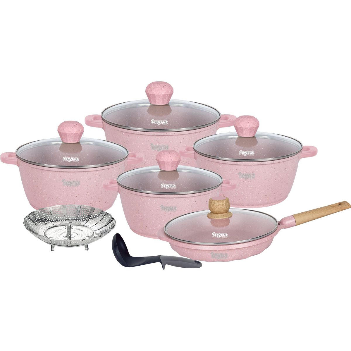 Reyna - Juego de ollas antiadherentes Smart 12 piezas (color rosado)