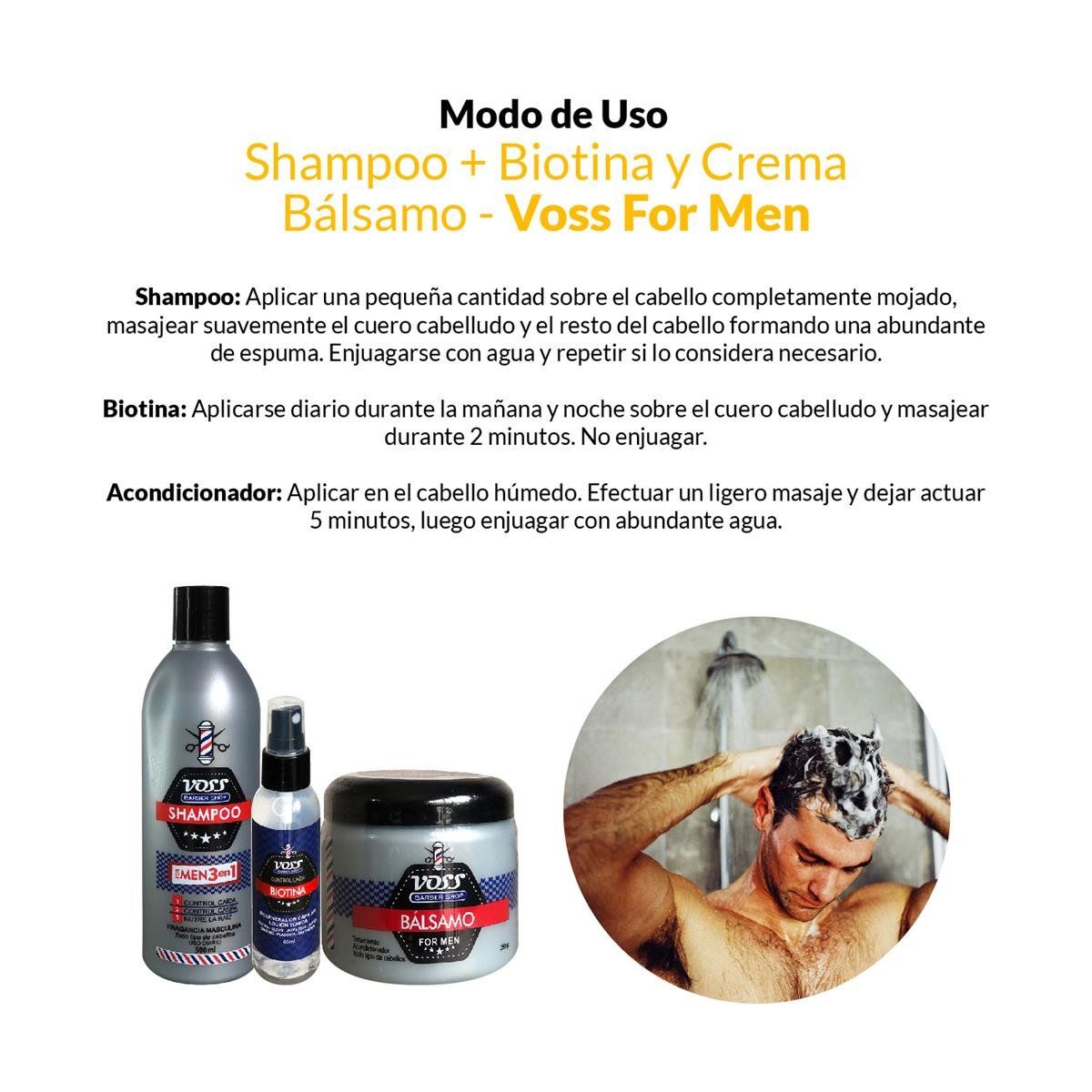 VOSS - Shampoo 500Gr + Biotina 60ml + Crema Bálsamo 250Gr Voss For Men