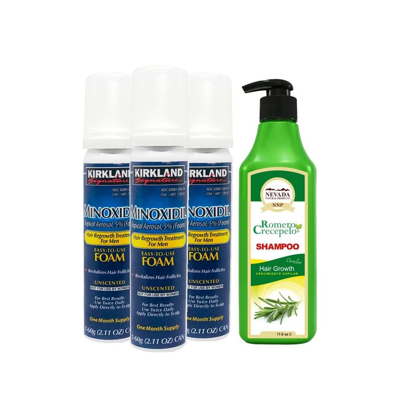 KIRKLAND - Minoxidil Espuma Kirkland 3 Uni + Shampoo Romero Crecepelo 520 ml