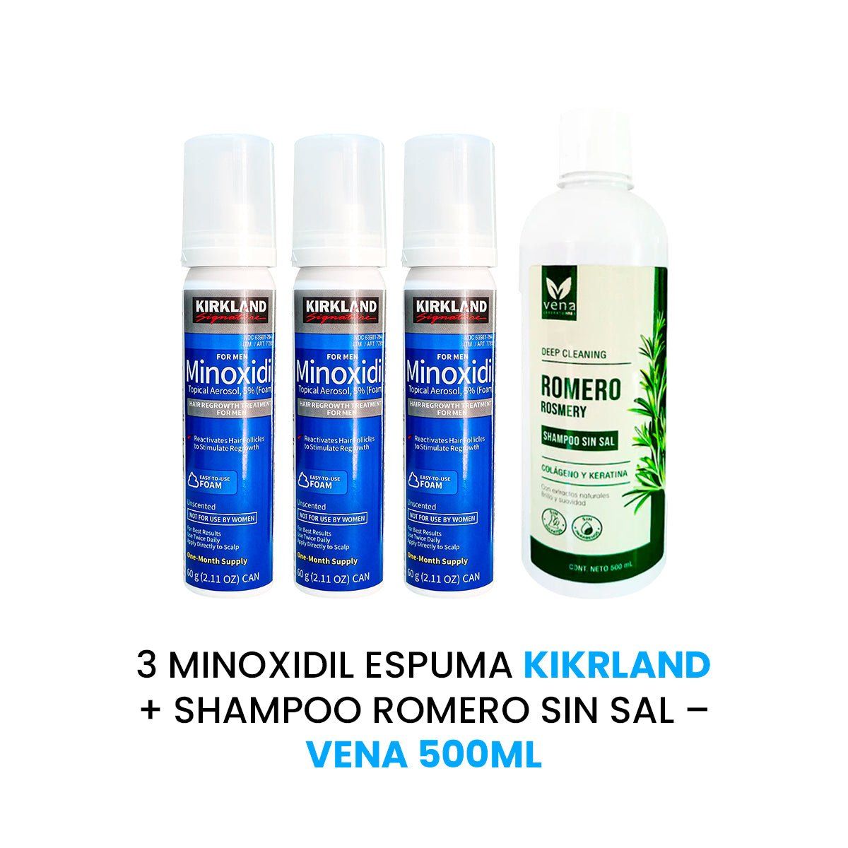 KIRKLAND - Minoxidil Espuma 3 Unidades + Shampoo Romero Vena 500 ml